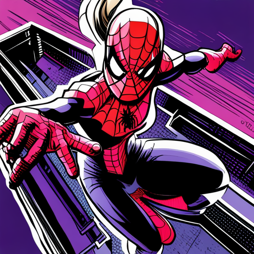 Gwen Stacy, Ghost Spider, Marvel, Spider-Verse, superhero, comic book, inked illustration, vibrant colors, dynamic composition, action-packed, web-slinging, crime-fighting, urban setting, graffiti, street art, dramatic lighting, aerial perspective, acrobatic poses, masked vigilante, parallel dimensions, alternate universes, teenage protagonist, coming-of-age story, emotional journey, secret identity, iconic costume, webbed patterns, intense moments, powerful emotions, high energy, sequential art, panel layout, dramatic angles, expressive linework, capturing motion