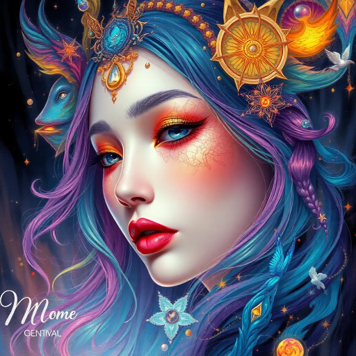 ethereal portrait, intricate detail, vibrant colors, contemporary style, mythical theme, ethereal glow, digital brushwork, soft lighting, surreal elements, fantasy influence, otherworldly atmosphere, diverse cultural motifs, expressive features, celestial ambiance, dynamic composition, fluid forms, iridescent textures, imaginative symbolism, vivid imagination, luminous palette, mysterious aura, dreamlike quality, futuristic touch, modern aesthetic, artistic elegance