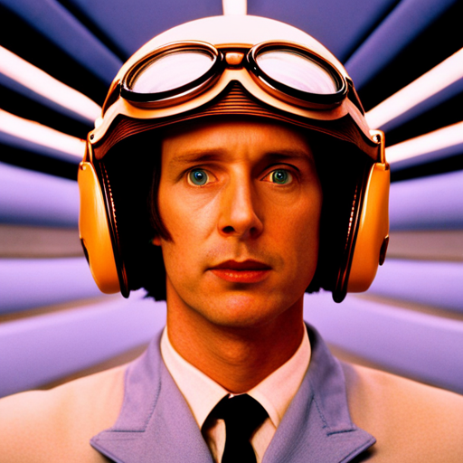 futuristic, artificial intelligence, Wes Anderson cinematic style, quirky, pastel colors, symmetrical, retro-futurism, vintage tech, whimsical, droll humor, meticulously crafted, miniature scale, isolated protagonists