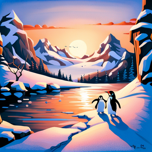 a playful, spirited scene depicting a group of penguins joyfully sliding across a chilly landscape, with a focus on the soft, fluffy texture of the snow beneath them, contrasted with the sleek, streamlined curves of their bodies. The icy blue and white tones of the environment are punctuated by bright pops of orange and yellow, bringing additional warmth and energy to the overall mood. The composition is dynamic and energetic, with a sense of movement and playfulness conveyed through the use of curved and diagonal lines. Influences include children's book illustrations and Japanese woodblock prints, giving the piece a whimsical yet refined and detailed quality. 