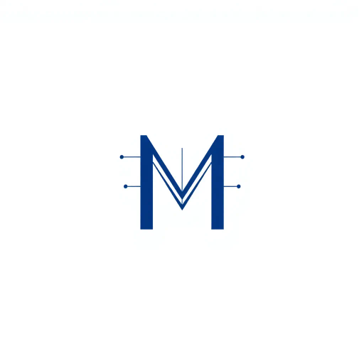 abstract letter M logo, parent node, child nodes, thin branching lines, tree hierarchy, indigo gradient, minimal vector design, white background, geometric abstraction, modernist influence, Bauhaus, clean lines, connection symbolism, hierarchical structure, conceptual design, negative space, visual balance, contemporary aesthetics
