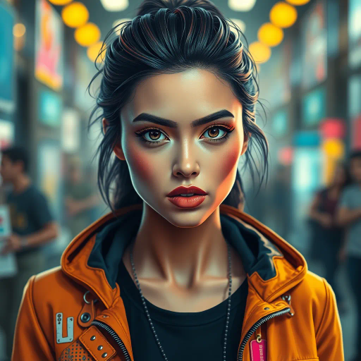 futuristic, influential female figure, vibrant colors, detailed facial expression, dynamic composition, cinematic lighting, social media era, modern aesthetic, expressive brushstrokes, emotional resonance, fashion-forward, confident posture, digital portrait, cultural impact, contemporary style, connection, storytelling, inspired by Banksy, hyperrealism, perspective play, bold contrast, tech-savvy, empowerment