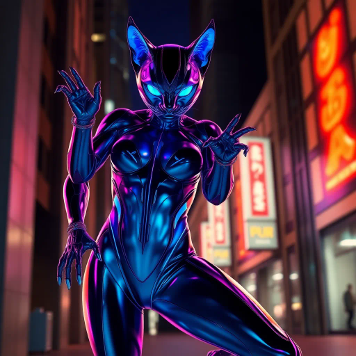 sleek catsuit design, high fashion, futuristic elements, vibrant neon lighting, dynamic pose, bold composition, metallic textures, sci-fi influence, Joan Miró inspiration, night cityscape, cyberpunk aesthetics, mysterious mood, playful elegance, abstract forms, intricate detailing, avant-garde style, fluid movements, bold color contrasts, surreal presentation, depth and layering, unconventional materials, reflections and shadows, elegant silhouette, imaginative realm, Salvador Dali, dreamlike atmosphere, geometric precision, fluid dynamics, visual storytelling, abstract surrealism, enigmatic expressions, ethereal glow, kaleidoscopic patterns, reflective surfaces, overlapping dimensions, contrasting hues, multidimensional perspective, spatial depth, imaginative narrative