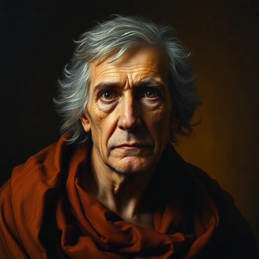 Renaissance, chiaroscuro, warm tones, oil painting texture, middle age, wisdom, contemplative atmosphere, Rembrandt influence, baroque, detailed features, soft brushstrokes, introspective mood, cultural depth, classical beauty, serene expression, timeless gaze, rich patina, flowing drapery, realistic depiction, layered composition, age-old elegance