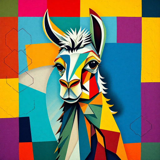 llama, geometric patterns, David Hockney, cubism, vibrant colors, contemporary, dynamic composition, abstract forms, angular shapes, playful, intricate details, bold lines, surrealism influence, textured brushwork, creative harmony, graphic design elements, modern interpretation, vivid contrast, immersive experience, structural elegance, unique perspective