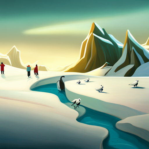 surrealism, winter, playful, graphical, Arctic waddle, animation, looping, sliding, comedy