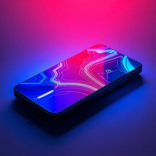 futuristic smartphone design, sleek curves, vibrant OLED display, cutting-edge technology, minimalist aesthetic, high gloss finish, Bauhaus influences, cyberpunk hues, neon lights, interactive holograms, dynamic user interface, ergonomic structure, Jean-Michel Basquiat inspiration, electric blue accents, avant-garde tech, digital era innovation, virtual connectivity, seamless integration, ultra-thin profile, contemporary digital communication, sleek geometry, luminous contrasts, immersive lighting, neo-futurism, dynamic composition, virtual vistas, radiant textures, digital synthesis