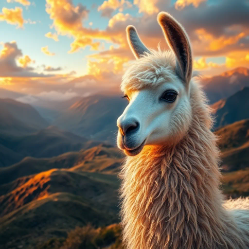 majestic llama, Andes mountains, vibrant colors, magical realism, intricate details, surreal landscape, golden hour lighting, textured fur, mystical aura, sweeping vistas, dynamic composition, ethereal clouds, cultural richness, Gabriel García Márquez influence, dreamlike atmosphere, gentle movement, whimsical charm, enchanting presence, intricate patterns, rich symbolism, warm tones, expansive terrain, mythical quality, impressionistic touch, imaginative narrative