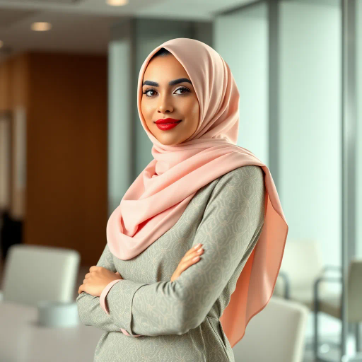 Arab woman, elegant hijab, professional setting, modern workplace, high heels, Middle Eastern culture, contemporary art, intricate patterns, vibrant colors, soft lighting, dynamic pose, cultural expression, delicate fabrics, office environment, confident demeanor, sophisticated fashion, grace and poise, diverse representation, cultural fusion, empowerment, modernism, Impressionism influences, human form, balance and harmony, Henri Matisse, modern elegance, intricate textile patterns, vibrant aesthetic, global influence, artistic expression, dignity and strength, atmospheric composition, elegant lines, harmonious palette, seamless integration, modern artistry