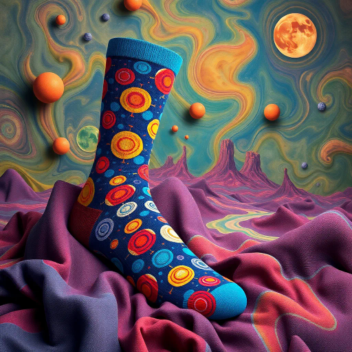 conceptual socks, surrealism, Salvador Dali influence, vibrant colors, textile texture, intricate patterns, dreamlike atmosphere, whimsical design, flowing forms, soft fabric rendering, playful ambiance, dynamic composition, contemporary twist, abstract expression, unconventional materials, visual harmony, imaginative interpretation, surreal landscapes, Andre Breton influence, emotive mood, blending patterns, vivid hues, creative abstraction