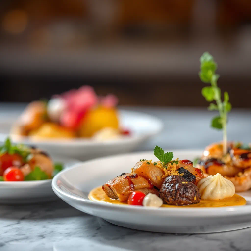 realism, hyper-detailed, gourmet cuisine, exquisite textures, vibrant colors, contemporary food styling, Rembrandt lighting, mouth-watering presentation, gastronomic artistry, culinary mastery, soft focus, appetizing allure, luxurious ingredients, chef's craft, edible elegance, high resolution, intricate details, modern culinary art, visually stunning, decadent plating, natural light, artistic culinary compositions, gourmet delicacies