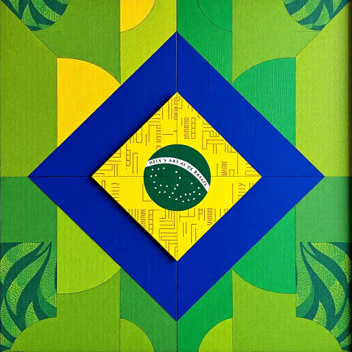 vibrant colors, geometric shapes, cultural symbolism, rich textures, tropical influence, modern interpretation, national pride, intricate patterns, dynamic composition, bright green, vivid gold, deep blue, movement, contemporary style, Brazilian culture, Jorge Amado, playful textures, dimensional layering, abstract representation, optimism and unity