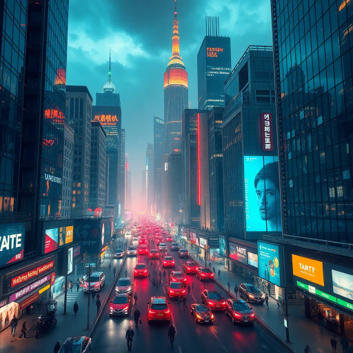 futuristic metropolis, skyscrapers, bustling streets, dynamic movement, neon lights, technological advancement, cyberpunk aesthetic, strategic planning, diverse cultures, innovation, high-tech architecture, night cityscape, vibrant energy, corporate power, networking, global influence, digital connectivity, urban landscape, visionary leaders, business attire, synergy, economic growth