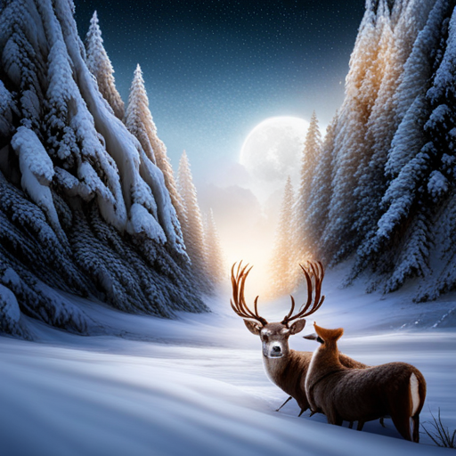 majestic reindeer, ethereal atmosphere, glowing antlers, mythical creature, winter wonderland, magical forest, mystical beings, enchanted realm, celestial light, whimsical elements