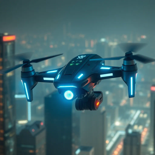 futuristic drone, dynamic angles, sleek design, neon lights, cyberpunk aesthetic, intricate circuitry, high-tech machinery, electric blue and neon green, atmospheric glow, detailed textures, technological marvel, advanced robotics, hovering in motion, urban skyline backdrop, digital era influence, ambient lighting, science fiction, speed and agility, engineering brilliance, concept art, visionary design, cutting-edge innovation, cityscape reflections, tech-inspired composition