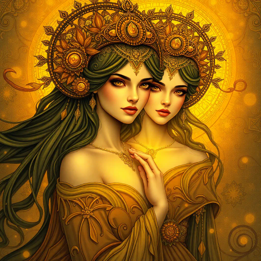 elegant women, ethereal beauty, Gustav Klimt, Art Nouveau, luminous lighting, intricate details, opulent patterns, vivid colors, flowing fabrics, feminine grace, expressive poses, dreamlike scenery, delicate textures, harmonious composition, serene yet powerful, cultural fusion, imaginative interpretation, timeless elegance, artistic allure, vibrant backdrop, atmospheric vitality, fantastical environment, captivating allure, emotional depth, dynamic perspective, visionary portrayal, iconic motifs, luxurious ambiance