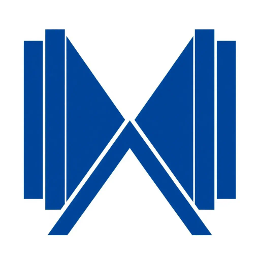 geometric design, lettermark logo, abstract composition, bold parallel strokes, V-shaped bridges, hierarchy levels, indigo blue, minimalistic vector art, flat design, clean lines, stark contrast, modern typography, precise angles, architectural influence, symmetry, spatial arrangement, contemporary aesthetics, visual hierarchy, white negative space, simplicity, structural balance