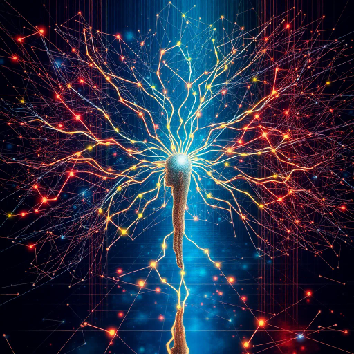 futuristic ai mind map, digital networks, interconnected nodes, vibrant colors, neural pathways, technology-inspired, abstract shapes, cybernetic theme, intricate patterns, artificial intelligence, contemporary design, computer graphics, minimalist aesthetic, dynamic flow, interconnected lines, data visualization, glowing elements, conceptual art, modern futurism, digital connectivity