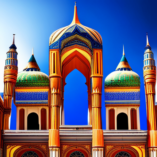 mesmerizing mosques, architectural details, minarets, domes, geometric patterns, vibrant colors, picturesque background, digital clock integration