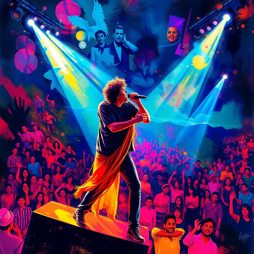 symphony, electric guitars, vibrant energy, Daft Punk influence, Baroque elements, chiaroscuro lighting, dynamic composition, pulsating colors, metallic textures, rock and roll, emotional crescendo, wide-angle perspective, movement and rhythm, cultural fusion, large scale venue, sculptural elements, atmospheric effects, expressive brushstrokes, rhythmic lines, contemporary symphony, immersive experience