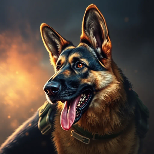 German shepherd, military companion, hyper-realistic, dynamic pose, James Gurney, dramatic lighting, realism, military influence, action-packed, vibrant colors, detailed fur texture, hero's journey, nobility, bravery, focal point, cinematic composition, cultural symbolism, intricate detail, movement, mid-20th century, emotional depth, loyalty, perspective shift, bold lines