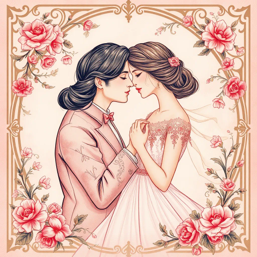 romantic, elegance, intricate details, soft pastels, floral motifs, Art Nouveau, vintage charm, ornate borders, delicate line work, whimsical typography, ethereal glow, 19th-century influences, emotional warmth, sentimental atmosphere, watercolor textures, sweeping curves, harmonious composition, timeless beauty, celebration of love, detailed illustration, lyrical grace, light-filled ambience, intimate setting, tailored elegance, cultural richness, poetic serenity, graceful movement