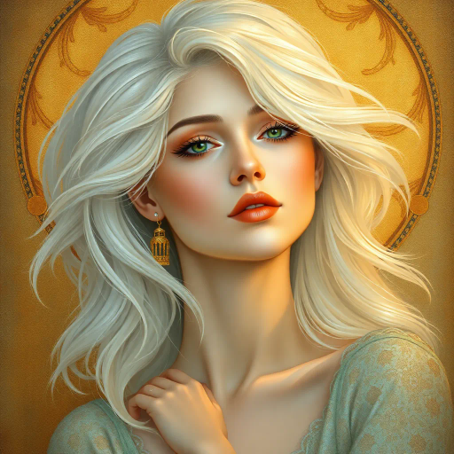 ethereal woman, medium white hair, whimsical, ethereal lighting, Vermeer influence, baroque hints, soft highlights, Renaissance elegance, surreal composition, pastel tones, gentle textures, smooth brushstrokes, delicate expressions, serene mood, classical framing, flowing movement, introspective gaze, intricate patterns, harmony and balance, subtle symbolism, dreamlike atmosphere, art of Vermeer, baroque period, renaissance art, mid-century modern, soft pastel palette, gentle and smooth, serene and introspective, flowing and balanced, surreal and dreamlike