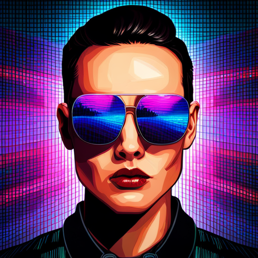 glitch, cyberpunk, reflective surface, neon lights, high-tech, futuristic, holographic, augmented reality, techno, dark sunglasses