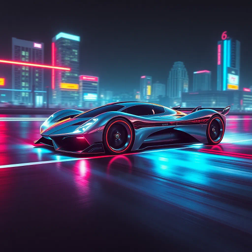 futuristic car design, sleek lines, chrome finish, vibrant neon highlights, dramatic lighting, dynamic movement, aerodynamic shape, retro-futurism, precision engineering, urban environment, concept art, high-tech materials, hyper-realistic detailing, modern aesthetics, speed and agility, metallic textures, ambient atmosphere, avant-garde composition, illuminated cityscape, art deco influences