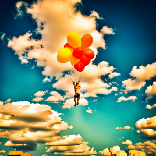 colorful balloons, floating in the sky, vibrant, joyful, celebration, party, whimsical, surreal, dreamlike, fantasy, fantasy-art, soft pastel colors, playful, cheerful, movement, organic shapes, transparent, light, shadows, surrealism, fairytale, imagination, magical-realism, soft-lighting, wonder, ethereal, childhood, joy, happiness