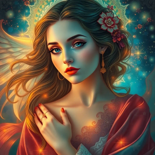 ethereal elegance, vivid colors, chiaroscuro lighting, inspired by Gustav Klimt, contemporary surrealism, intricate textures, flowing fabrics, dynamic composition, serene expression, symbolism in posture, modern renaissance influence, soft gradients, vibrant background, expressive brushwork, intimate portraiture, dreamlike atmosphere, cultural fusion, delicate line work, whimsical details, harmonious balance, abstract geometry, emotional depth, contemplative gaze, fluid motion