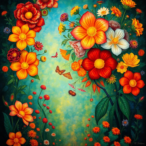 vibrant flowers, botanical art, surrealism, rich textures, Claude Monet, expressionism, ethereal glow, intricate details, vivid colors, atmospheric depth, delicate petals, dynamic composition, spring serenity, artistic elegance, garden symphony, burst of life, soft gradients, harmonious blending, natural elegance, transcendent beauty, impressionist influence, luminous atmosphere, pastel palette, fluid brushwork, dreamlike landscape, effervescent energy, organic forms, visual melody, artistic finesse, painterly nuance, emotion-laden scenes, contemplative ambiance