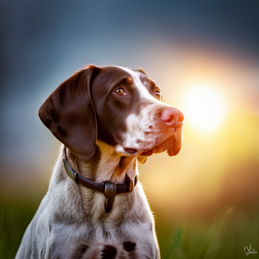 nature, animals, photography, portrait, dog, puppy, German shorthair pointer, cute, adorable, pet, wildlife, outdoor, playful, energetic, curious, sunlight, warm tones, close-up, expressive eyes, furry, wagging tail, wet nose