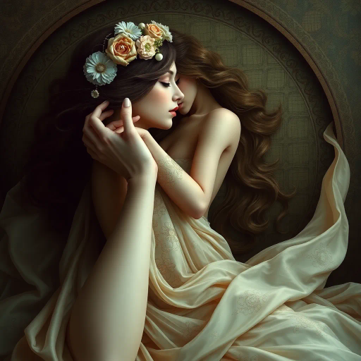 surreal, ethereal, timeless elegance, Gustav Klimt, Art Nouveau, flowing curves, soft lighting, pastel hues, Renaissance, delicate textures, elegant composition, dreamlike atmosphere, symbolic, feminine grace, chiaroscuro, intimate setting, sensuality, muted tones, baroque influences, detailed, emotional depth, harmonious balance, ornate embellishments, idyllic scene, captivating presence