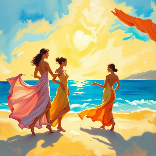 elegant figures, beach scene, vibrant sunlight, azure waters, flowing fabric, Henri Matisse, impressionism, contemporary allure, warm hues, dynamic composition, summer breeze, leisurely grace, chromatic harmony, tranquil ambiance, fluid lines, art deco influences, intimate scale, ethereal light, cultural richness, playful interaction, Mediterranean essence, soft brush strokes