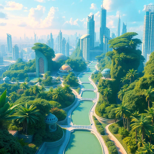 futuristic utopia, 2000s nostalgia, vibrant hues, glossy textures, lush greenery, botanical abundance, retro-futurism, blue and green palette, ecological harmony, smooth surfaces, reflective materials, soft gradients, hyper-realistic landscapes, Claude Lorrain influence, immersive environment, ethereal lighting, sprawling cityscapes, verdant parks, organic architecture, serene atmosphere, visionary aesthetics, dynamic compositions, interplay of nature and technology, fluid shapes, harmonious coexistence, evocative serenity, sustainable vision