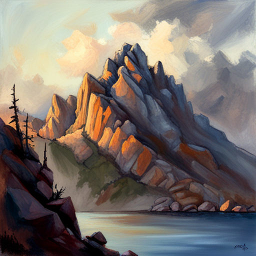 majestic peaks, rugged terrain, atmospheric perspective, muted colors, Impressionism, Hudson River School, light and shadow, texture, acrylic paint, landscape painting, naturalism, serenity, grandeur, scale, plein air, rocky outcroppings, dramatic sky, asymmetry, depth, soft brushstrokes, tranquility, digital medium, layered composition, vibrant color palette