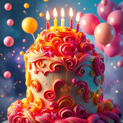 vivid birthday cake, intricate details, vibrant colors, surrealism, whimsical, dream-like, fantastical elements, splashes of paint, soft glow, celebratory mood, contemporary, dynamic composition, pastel hues, icing texture, multicolored sprinkles, playful elements, multi-layered structure, high contrast, delicate frosting, creative presentation, joyful ambiance, artistic flair, imaginative design, cake artistry, festive atmosphere, imaginative presentation, dynamic movement, Salvador Dali, Marc Chagall, pop-art influences, ethereal lighting, impressionistic brushstrokes, dream-like textures, visual harmony, chromatic splendor, joyous expression, cultural festivities, artistic visionary, enchanting scene