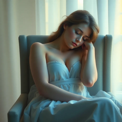 tranquil scene, woman, sleeping, seated on chair, delicate posture, soft ambient light, serene expression, gentle repose, impressionist touch, pastel colors, dreamlike atmosphere, elegant curves, calming mood, ethereal glow, romanticism, calm tranquility, subtle shadows, relaxed muscles, atmospheric depth, peaceful dreamscape, soothing composition, reposed stillness, intimate setting, classical influence, fine details, harmonious balance, reflective bliss, soothing aura