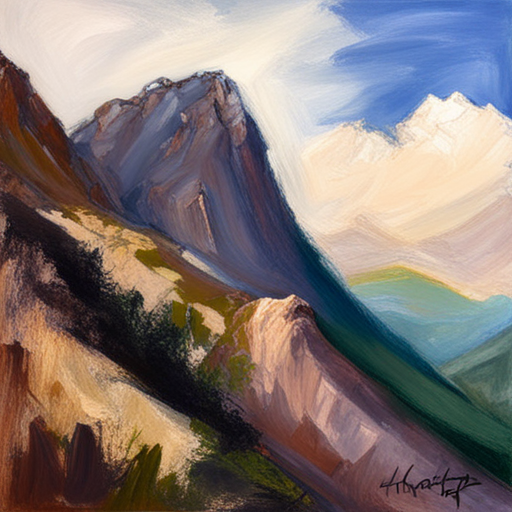 majestic peaks, rugged terrain, atmospheric perspective, muted colors, Impressionism, Hudson River School, light and shadow, texture, acrylic paint, landscape painting, naturalism, serenity, grandeur, scale, plein air, rocky outcroppings, dramatic sky, asymmetry, depth, soft brushstrokes, tranquility painting