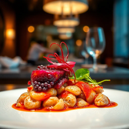 hyper-realistic, culinary artistry, vibrant colors, succulent textures, food photography, gourmet presentation, chiaroscuro lighting, rich detail, natural composition, glossy surfaces, nuanced hues, modern aesthetic, exquisite plating, artisanal craftsmanship, gourmet indulgence, food as art, visual feast, sumptuous presentation, high contrast, appetizing visual, culinary elegance, luxurious, edible art, immersive scene, radiant highlights, sensory delight, meticulous arrangement, culinary palette, opulent texture, detailed focus, tantalizing display, fine dining atmosphere, culinary finesse