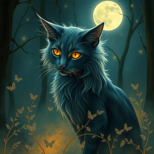 mystical feline, ethereal presence, detailed fur, glowing eyes, surreal environment, enchanted forest, moonlit night, soft shadows, intricate patterns, Gustav Klimt inspiration, Art Nouveau influence, subtle gold highlights, whimsical, dreamlike, mysterious aura, magical realism, delicate brushstrokes, luminescent colors, twilight ambiance, mythical creature, elegant posture, flowing forms