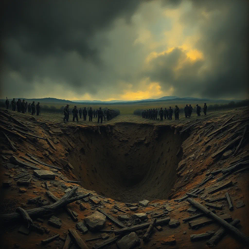 World War I, battlefield, shell hole, destruction, historical conflict, realism, Henri Rousseau, chiaroscuro lighting, somber mood, earth tones, dramatic perspective, craters, landscape, war-torn terrain, textured soil, immersive depth, metaphoric emptiness, poignant silence, layered composition, impressionist influences, reflective atmosphere, muted colors, raw textures, turbulent history, emotive impact, tension, ruins, nature reclaiming, symbolic void, desaturated hues, visual storytelling