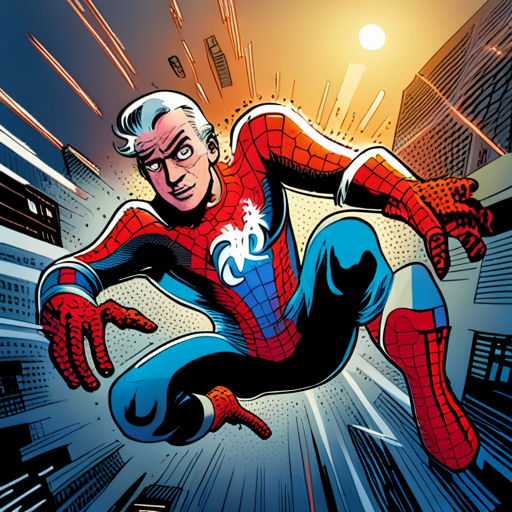 ghost, spider, superhero, web-slinging, action, dynamic composition, vibrant colors, cartoon style, dramatic lighting, Marvel Comics, Stan Lee, Steve Ditko