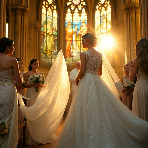 romantic ceremony, ethereal elegance, flowing gowns, intricate lace patterns, warm golden hues, sunlight filtering through stained glass, delicate florals, renaissance influences, impressionistic brushstrokes, joyous expressions, emotional depth, harmonious composition, soft pastels, chiaroscuro lighting, classical elegance, timeless beauty, whimsical charm, dreamy atmosphere, serene landscape, heartfelt moments, vibrant textures, artistic symbolism, cultural heritage, grand architecture, intimate portraits, lyrical movement, evocative narrative, lush greenery, celebratory mood, historical romance