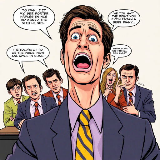 michael scott, the office, tv show, character study, vibrant colors, exaggerated expressions, dynamic poses, workplace comedy, humorous undertone, satirical, pop culture, 2000s television, comic strip, narrative elements, storyboard layout, contrast lighting, speech bubbles, office life, iconic moments, Steve Carell, parody, workplace antics, cultural phenomenon, emotional range, character dynamics, US sitcom, memorable quotes, simple background, expressive lines, visual humor