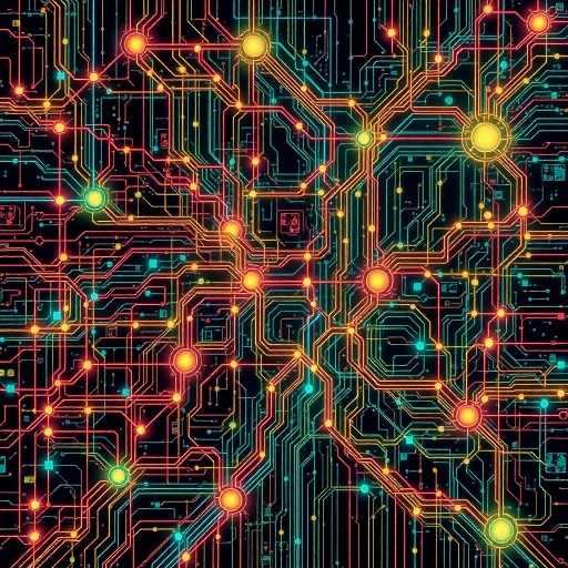 interconnected nodes, futuristic schematics, abstract networks, vibrant colors, technological matrix, data visualization, Kandinsky influence, cybernetic patterns, dynamic flow, neural connections, electric circuits, high-tech symphony, spatial depth, recursive elements, layered complexity, geometric precision, organized chaos, digital renaissance, illuminated pathways, modernism