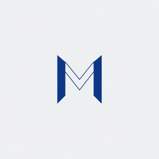 minimal M logo, perspective convergence, depth, hierarchy, solid indigo blue, geometric, modern tech design, flat vector, white background, Bauhaus influences, clean lines, symmetry, contemporary aesthetics, spatial innovation, futurism, precision, abstraction, innovative branding, structural elegance