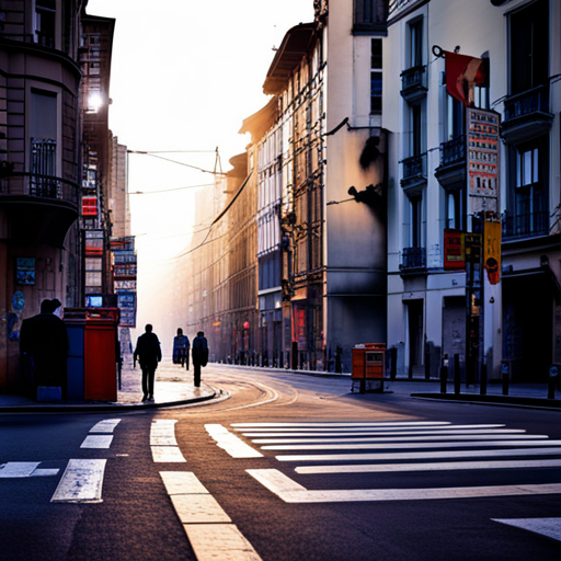 early-morning, walk, dinner, cityscape, urban, streetlights, shadows, night-time, dusk, evening, atmosphere, city, buildings, architecture, bustling, vibrant, nightlife