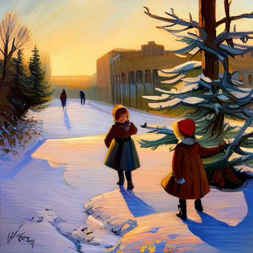 winter, children, Christmas, painting, oil, vintage